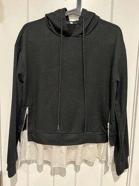 Black Layered Hoodie Top with Sheer Hem